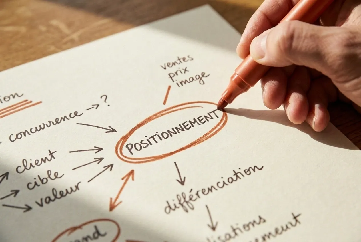 Eine Hand zeichnet mit einem Filzstift ein handschriftliches Schema. Das Wort «Positionierung» ist eingekreist und mit «Wettbewerb», «Kunde», «Zielgruppe» und «Wert» verbunden.