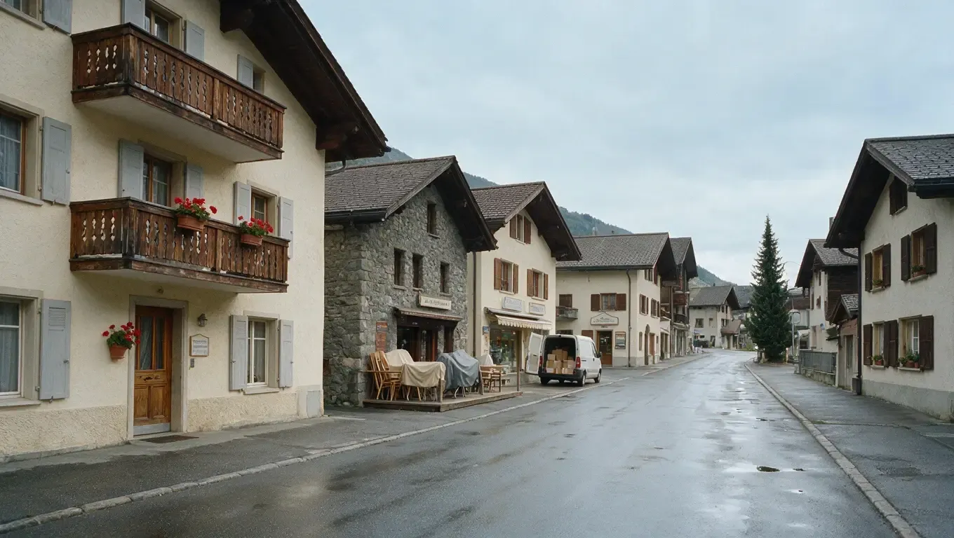 Die Hauptstrasse eines Bergdorfs an einem Regentag. Häuser mit Holzbalkonen, einige Geschäfte und ein abgestellter Lieferwagen.