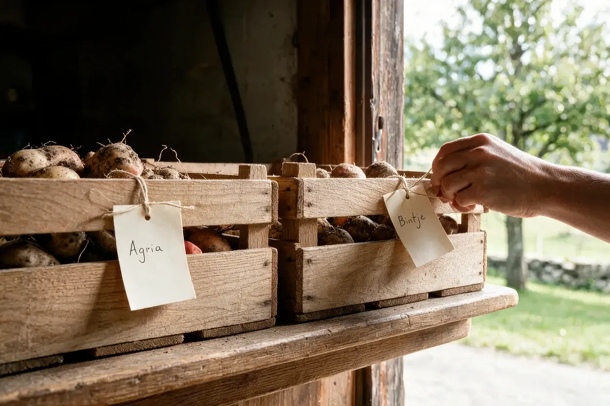 Zwei Kisten mit Kartoffeln auf einem Hofstand. Eine Hand befestigt ein handgeschriebenes Schild mit dem Namen Bintje neben einem weiteren mit der Aufschrift Agria.